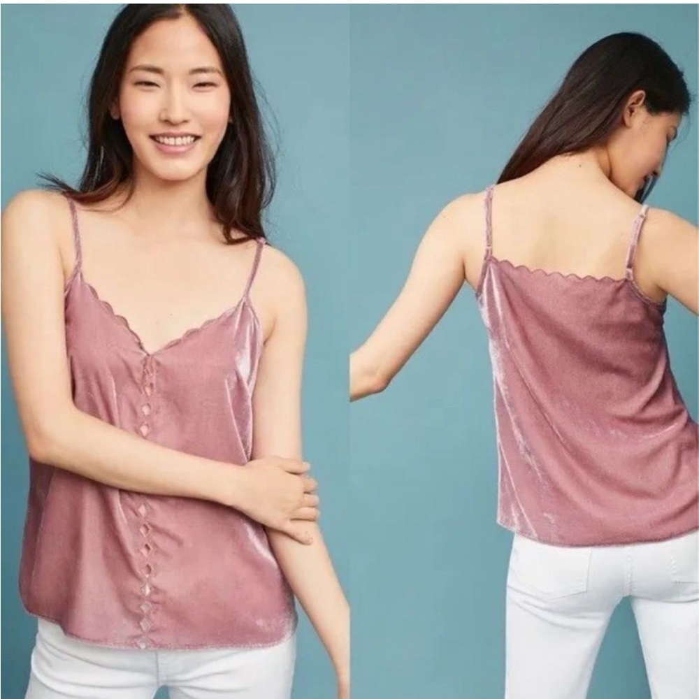Maeve‎ Pink Velvet Boho Romantic Spaghetti Strap Scalloped Tank Top- XS